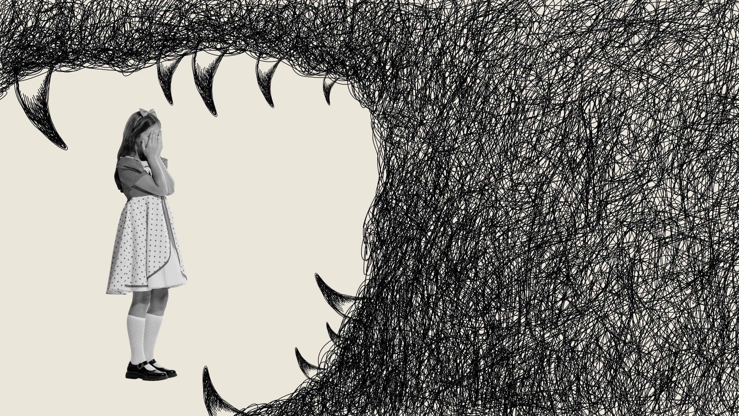 Contemporary artwork of a girl covering her face, framed by the jaws of a large scribbled monster.